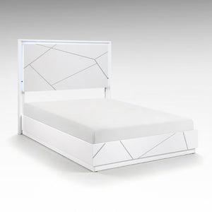 English Elm Queen Bedroom Set with LED Lighting Geometric White Finish Dresser and Nightstand B011S05286