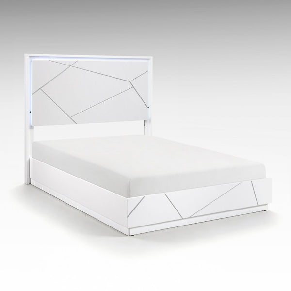 English Elm Queen Bedroom Set with LED Lighting Geometric White Finish Dresser and Nightstand B011S05286
