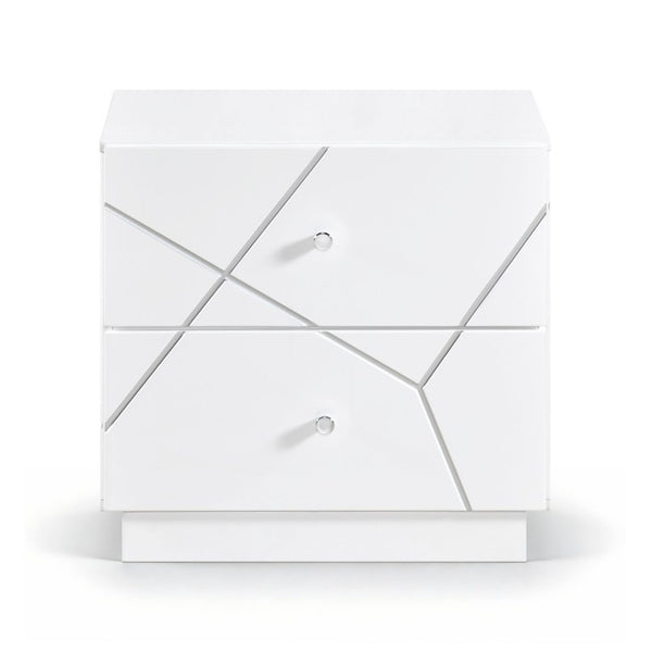 English Elm Queen Bedroom Set with LED Lighting Geometric White Finish Dresser and Nightstand B011S05286