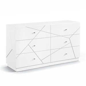 English Elm Queen Bedroom Set with LED Lighting Geometric White Finish Dresser and Nightstand B011S05286