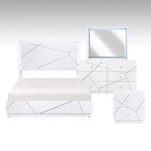 English Elm Queen Bedroom Set with LED Lighting Geometric White Finish Dresser and Nightstand B011S05286