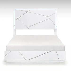 English Elm Queen Bedroom Set with LED Lighting Geometric White Finish Dresser and Nightstand B011S05286