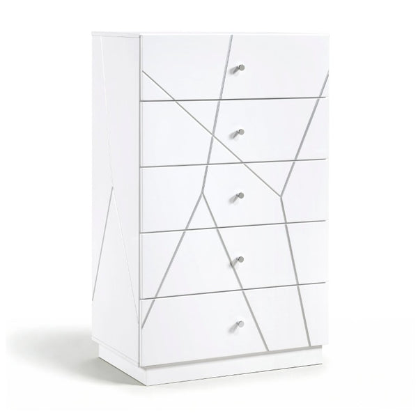 English Elm Queen Bedroom Set 5 Piece White Geometric Modern Suite with LED Mirror and Storage B011S05287