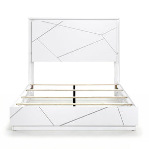 English Elm Queen Bedroom Set 5 Piece White Geometric Modern Suite with LED Mirror and Storage B011S05287