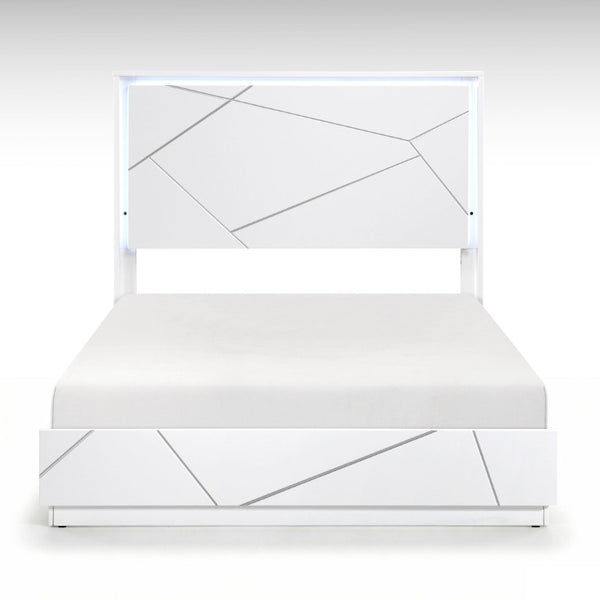 English Elm Queen Bedroom Set 5 Piece White Geometric Modern Suite with LED Mirror and Storage B011S05287