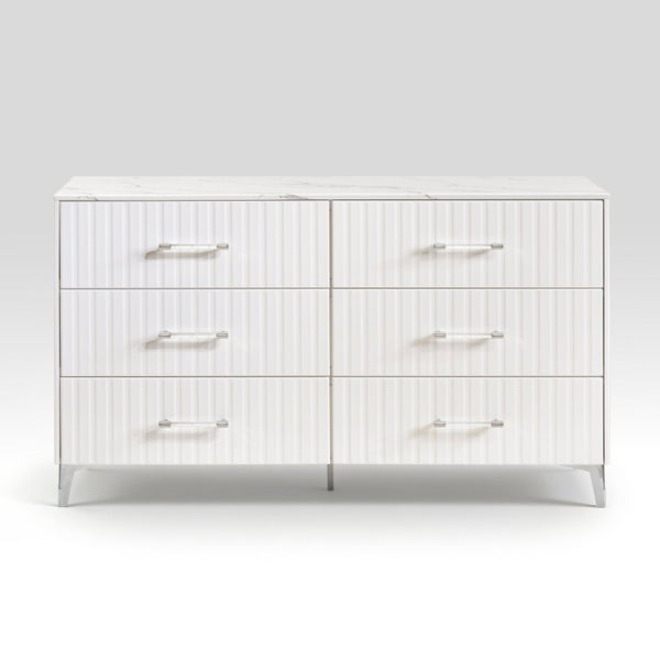 English Elm Queen Bedroom Set with LED Headboard Faux Marble Accents and Glossy White Finish B011S05292