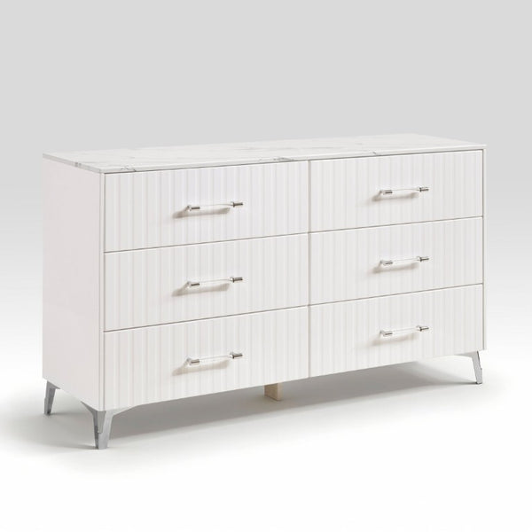 English Elm Queen Bedroom Set with LED Headboard Faux Marble Accents and Glossy White Finish B011S05292
