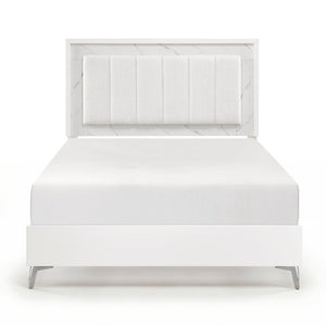 English Elm Queen Bedroom Set with LED Headboard Faux Marble Accents and Glossy White Finish B011S05292