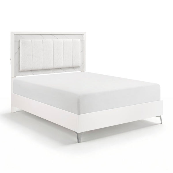 English Elm Queen Bedroom Set with LED Headboard Faux Marble Accents and Glossy White Finish B011S05292