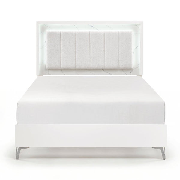 English Elm Queen Bedroom Set with LED Headboard Faux Marble Accents and Glossy White Finish B011S05292