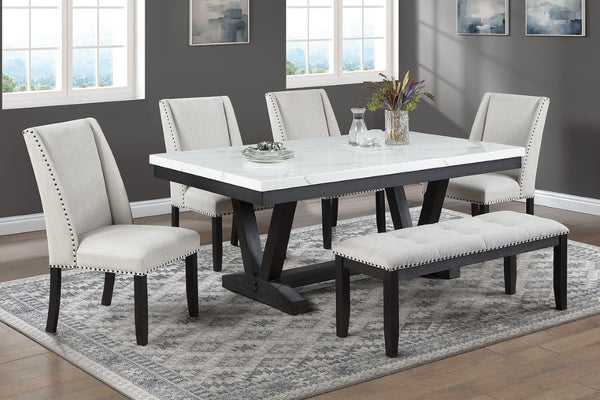 English Elm 6Pc Extendable Dining Set Trestle Table Tufted Linen Chairs Bench Espresso Finish Antique Black Faux Marble,MDF,Rubber Wood B011S05295