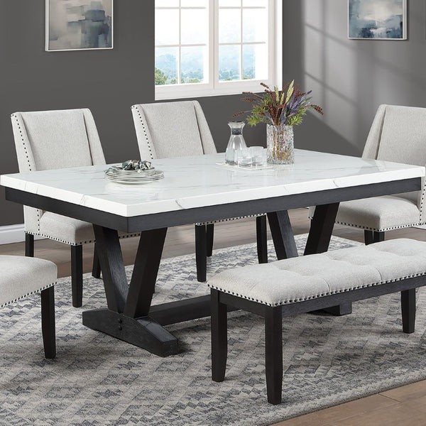 English Elm 6Pc Extendable Dining Set Trestle Table Tufted Linen Chairs Bench Espresso Finish Antique Black Faux Marble,MDF,Rubber Wood B011S05295