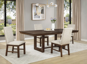 English Elm 5Pc Solid Wood Expandable Dining Set with Upholstered Chairs for Rustic Rooms Beige, Brown 18" Extendable Leaf Table Tufted Nailhead Trestle B011S05297
