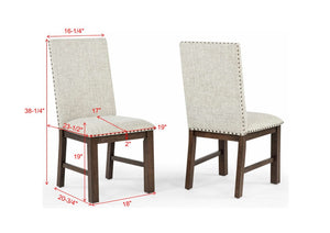 English Elm 5Pc Solid Wood Expandable Dining Set with Upholstered Chairs for Rustic Rooms Beige, Brown 18" Extendable Leaf Table Tufted Nailhead Trestle B011S05297