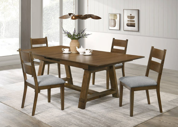 English Elm 5Pc Solid Wood Expandable Dining Set with Upholstered Chairs for Rustic Rooms Brown 16" Storing Leaf Table B011S05302