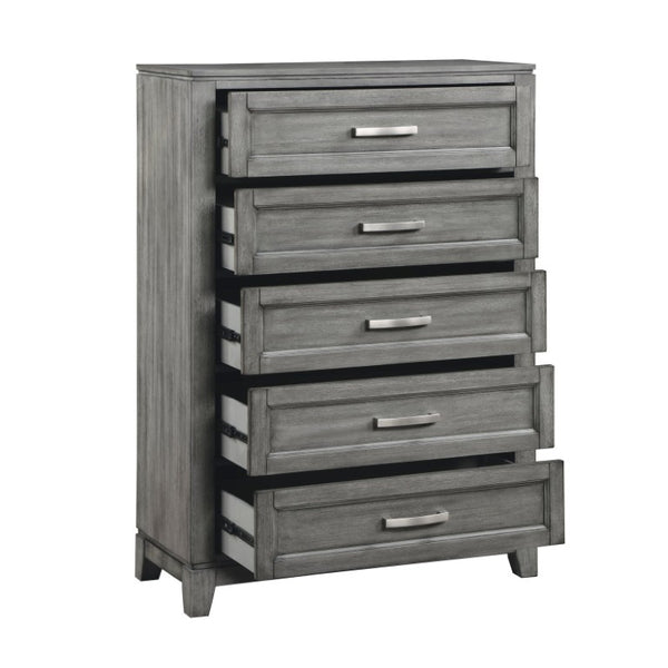 English Elm Queen Bedroom Set 6 Piece Okume Veneer Gray Finish with Storage Footboard B011S05401