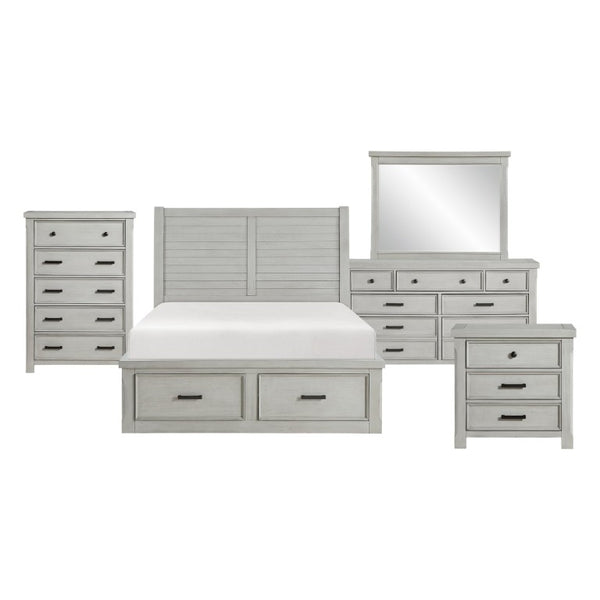 English Elm Queen Storage Bed Six Piece Bedroom Suite in Acacia Wood with Light Gray Panel Design B011S05451