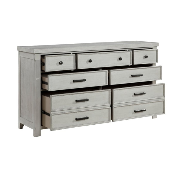 English Elm Queen Storage Bed Six Piece Bedroom Suite in Acacia Wood with Light Gray Panel Design B011S05451