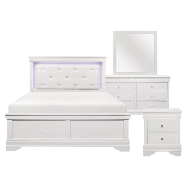 English Elm Eastern King Glam Bedroom Set with LED Tufted Headboard and Crystal Hardware White B011S05458