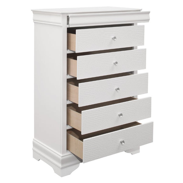 English Elm Queen Bedroom Set Six Piece White Glam with LED Tufted Headboard and Embossed Drawers B011S05461