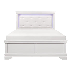 English Elm Queen Bedroom Set Six Piece White Glam with LED Tufted Headboard and Embossed Drawers B011S05461