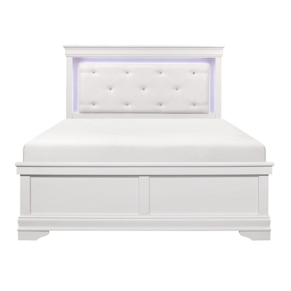 English Elm Queen Bedroom Set Six Piece White Glam with LED Tufted Headboard and Embossed Drawers B011S05461
