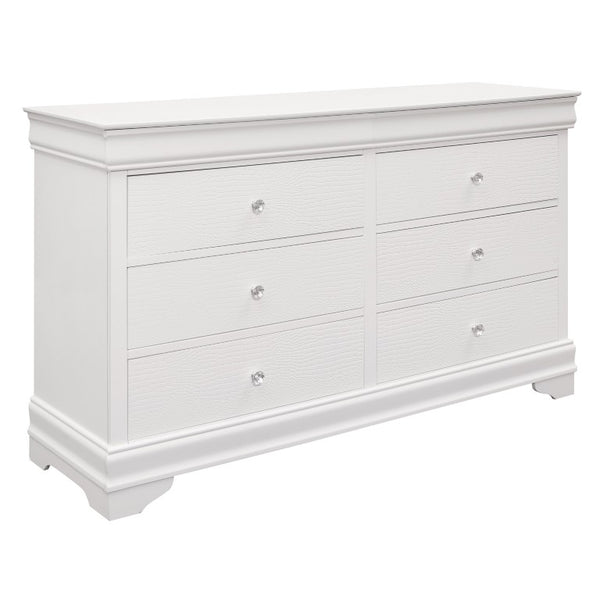 English Elm Queen Bedroom Set Six Piece White Glam with LED Tufted Headboard and Embossed Drawers B011S05461