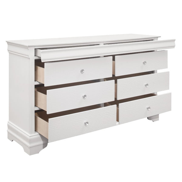 English Elm Queen Bedroom Set Six Piece White Glam with LED Tufted Headboard and Embossed Drawers B011S05461