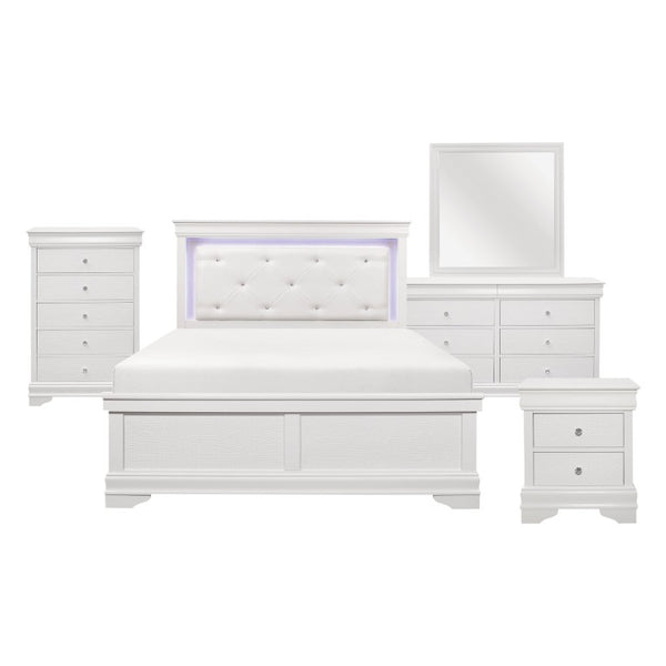 English Elm Full Bedroom Set Six Piece White Lacquer Glam with Tufted Headboard and LED Lighting B011S05463