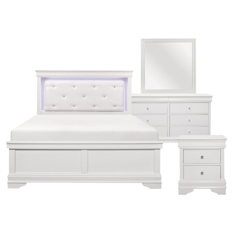 English Elm Twin Bedroom Set with LED Headboard Faux Leather Tufting and Crystal Knobs in White B011S05464