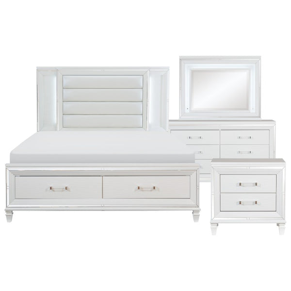 English Elm Queen Glam Bedroom Set with LED Headboard Mirrored Dresser and Faux Leather Panels B011S05476