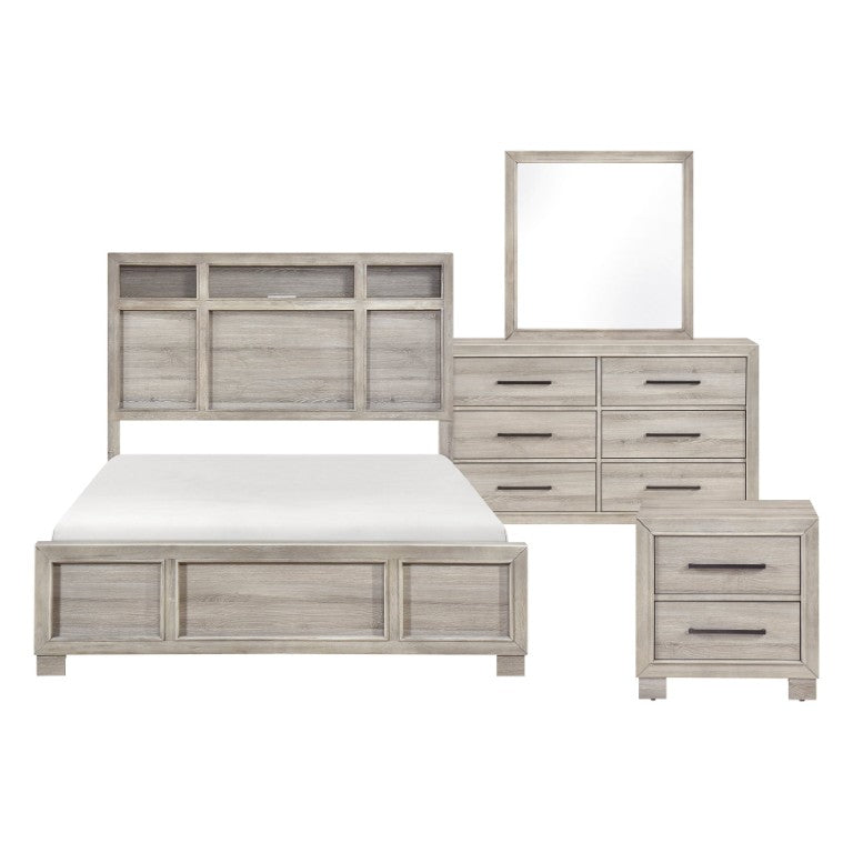 English Elm California King 5 Piece Bedroom Set Gray Finish LED Storage Headboard Brass Pulls B011S05508