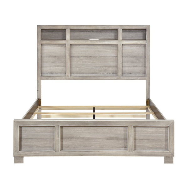English Elm California King 5 Piece Bedroom Set Gray Finish LED Storage Headboard Brass Pulls B011S05508