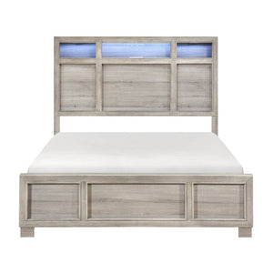 English Elm California King 5 Piece Bedroom Set Gray Finish LED Storage Headboard Brass Pulls B011S05508