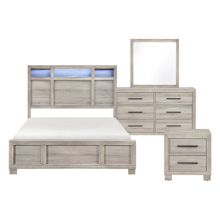 English Elm Queen Bedroom Set with LED Headboard Bluetooth Speaker and Gray Melamine Finish B011S05510