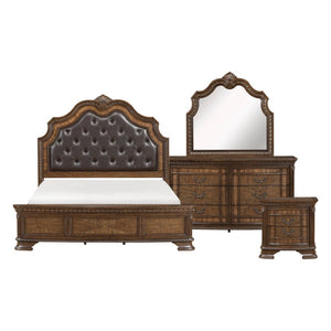 English Elm Eastern King Sleigh Bedroom Set with Zebra Wood Veneer and Tufted Faux Leather Headboard B011S05522