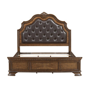English Elm Eastern King Sleigh Bedroom Set with Zebra Wood Veneer and Tufted Faux Leather Headboard B011S05522