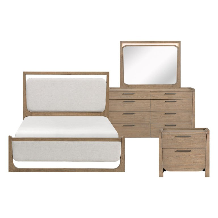 English Elm California King 5 Piece Bedroom Set with LED Lighting Hickory Veneer and Upholstered Bed B011S05530