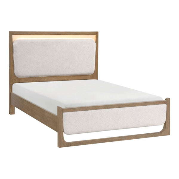 English Elm California King 5 Piece Bedroom Set with LED Lighting Hickory Veneer and Upholstered Bed B011S05530