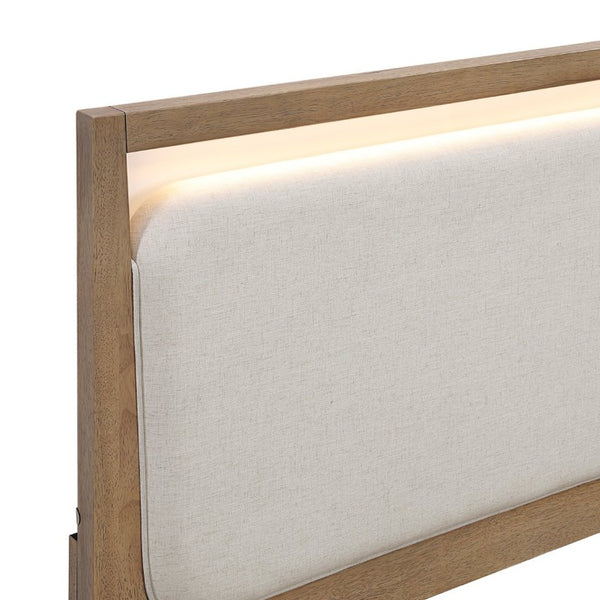 English Elm California King 5 Piece Bedroom Set with LED Lighting Hickory Veneer and Upholstered Bed B011S05530
