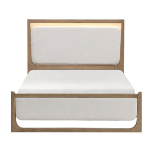English Elm California King 5 Piece Bedroom Set with LED Lighting Hickory Veneer and Upholstered Bed B011S05530