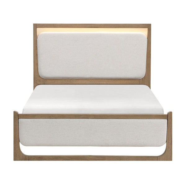 English Elm California King 5 Piece Bedroom Set with LED Lighting Hickory Veneer and Upholstered Bed B011S05530