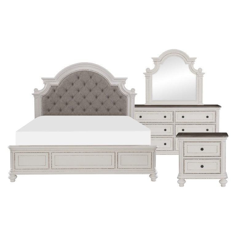 English Elm Queen Bedroom Set 5 Piece Antique White Oak Veneer with Tufted Headboard Dresser B011S05588