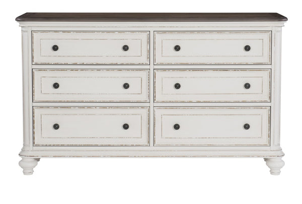 English Elm Queen Bedroom Set 5 Piece Antique White Oak Veneer with Tufted Headboard Dresser B011S05588