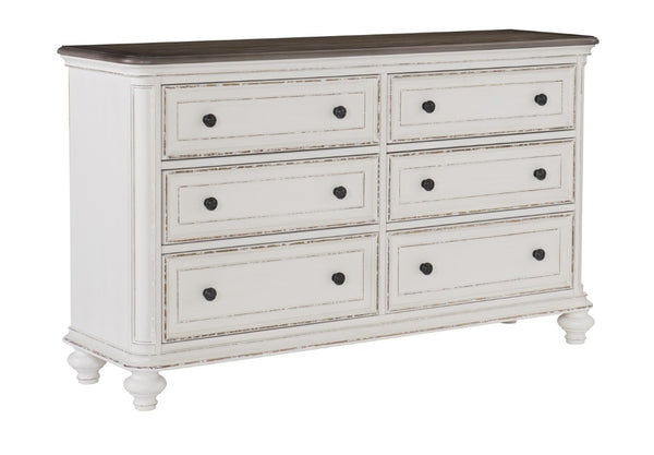 English Elm Queen Bedroom Set 5 Piece Antique White Oak Veneer with Tufted Headboard Dresser B011S05588