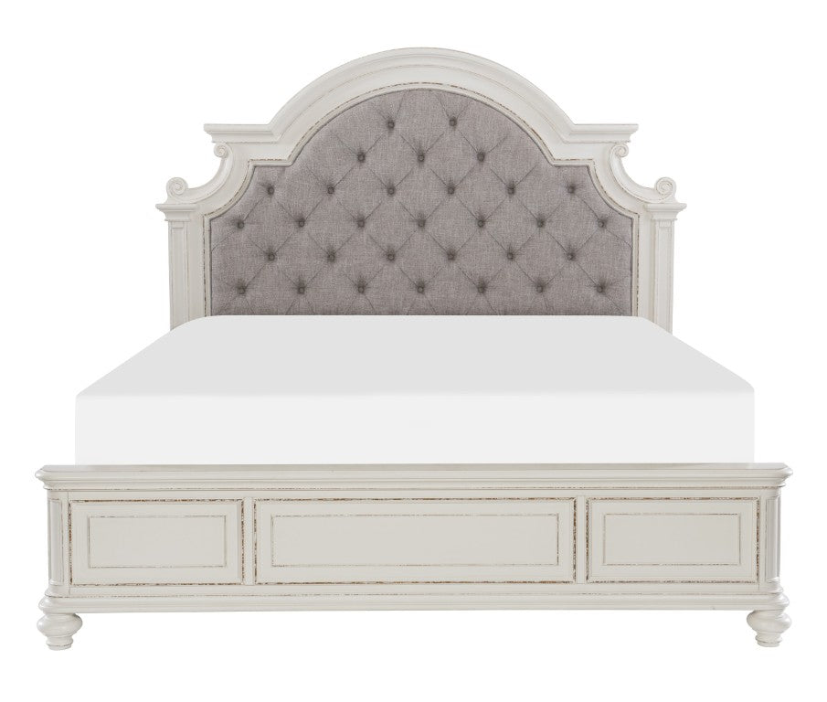 English Elm Queen Bedroom Set 5 Piece Antique White Oak Veneer with Tufted Headboard Dresser B011S05588