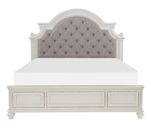 English Elm Queen Bedroom Set 5 Piece Antique White Oak Veneer with Tufted Headboard Dresser B011S05588