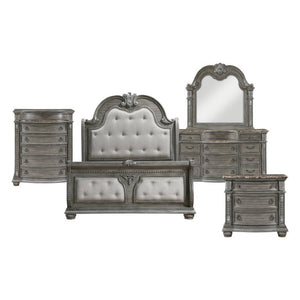 English Elm Eastern King Sleigh Bedroom Set Carved Wood Tufted Upholstered Gray Six Piece Suite B011S05590