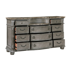 English Elm Eastern King Sleigh Bedroom Set Carved Wood Tufted Upholstered Gray Six Piece Suite B011S05590