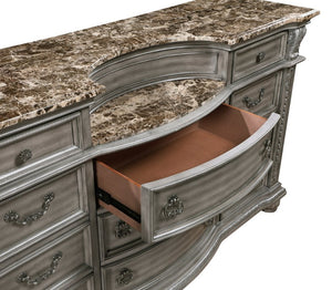 English Elm Eastern King Sleigh Bedroom Set Carved Wood Tufted Upholstered Gray Six Piece Suite B011S05590